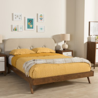 Baxton Studio BBT6607-Light Beige-Queen-6086-1 Penelope Mid-Century Modern Solid Walnut Wood Light Beige Fabric Upholstered Queen Size Platform Bed